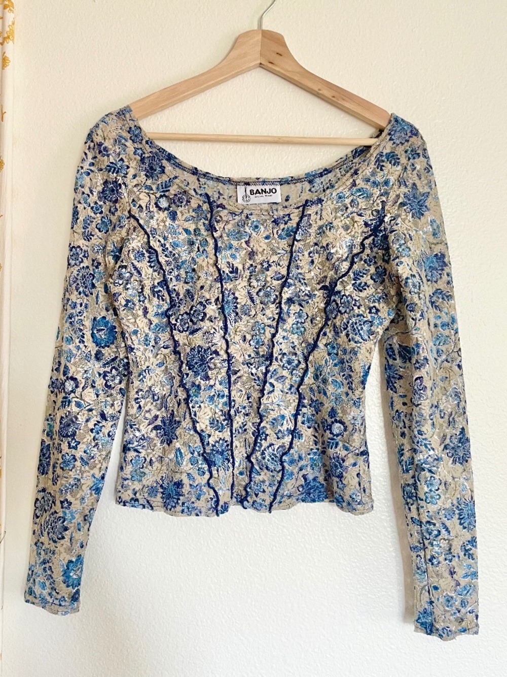 Vintage Banjo Sheer Blue Floral Lace Top Medium Y2K